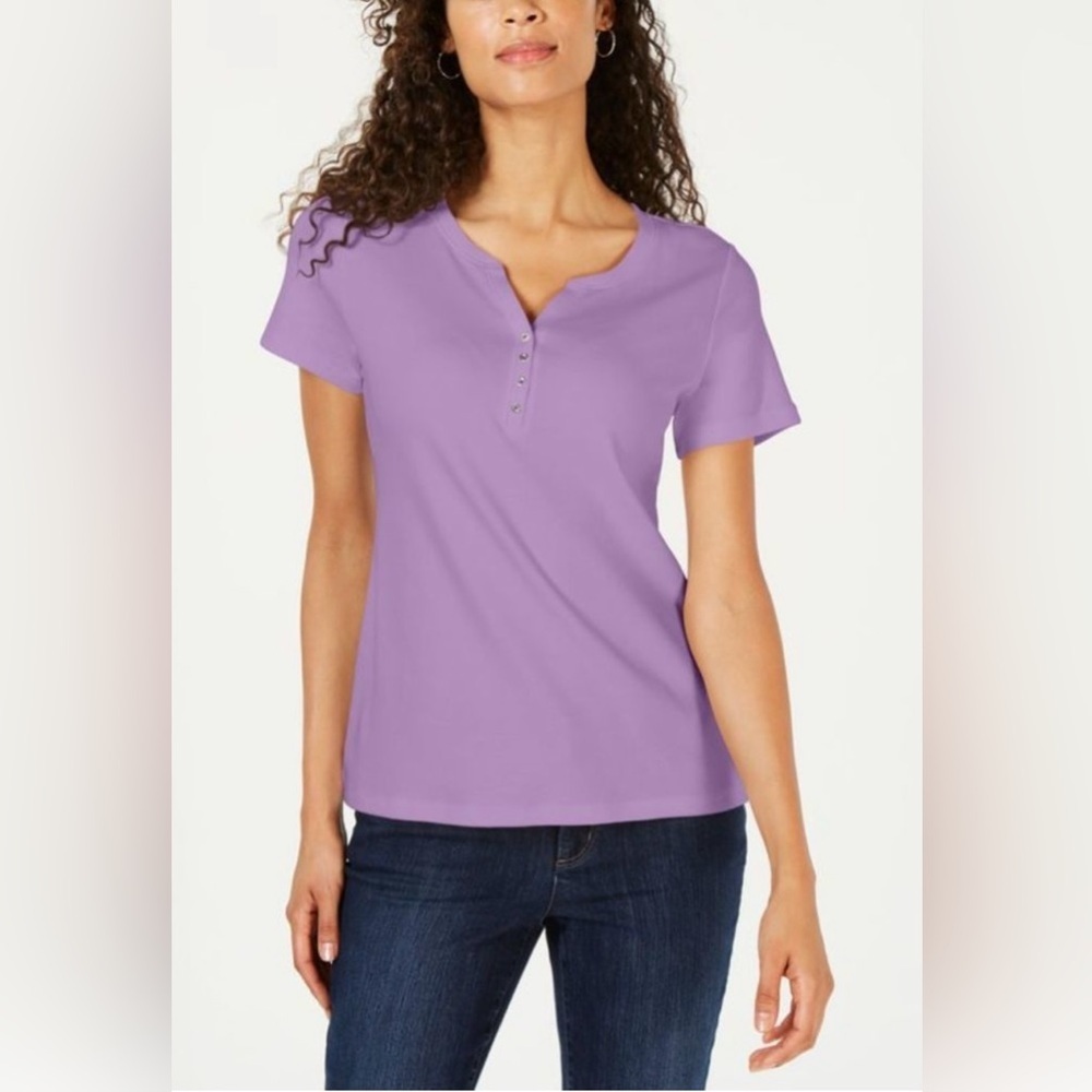 Karen Scott Petite Cotton Henley Top, Sz PM Petite Medium Purple